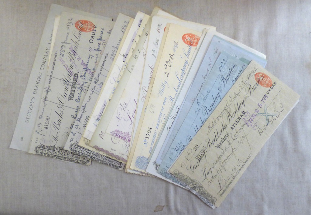 Cheques - A good range of old cheques including: Barclays forerunners (Gumeys etc), (30)