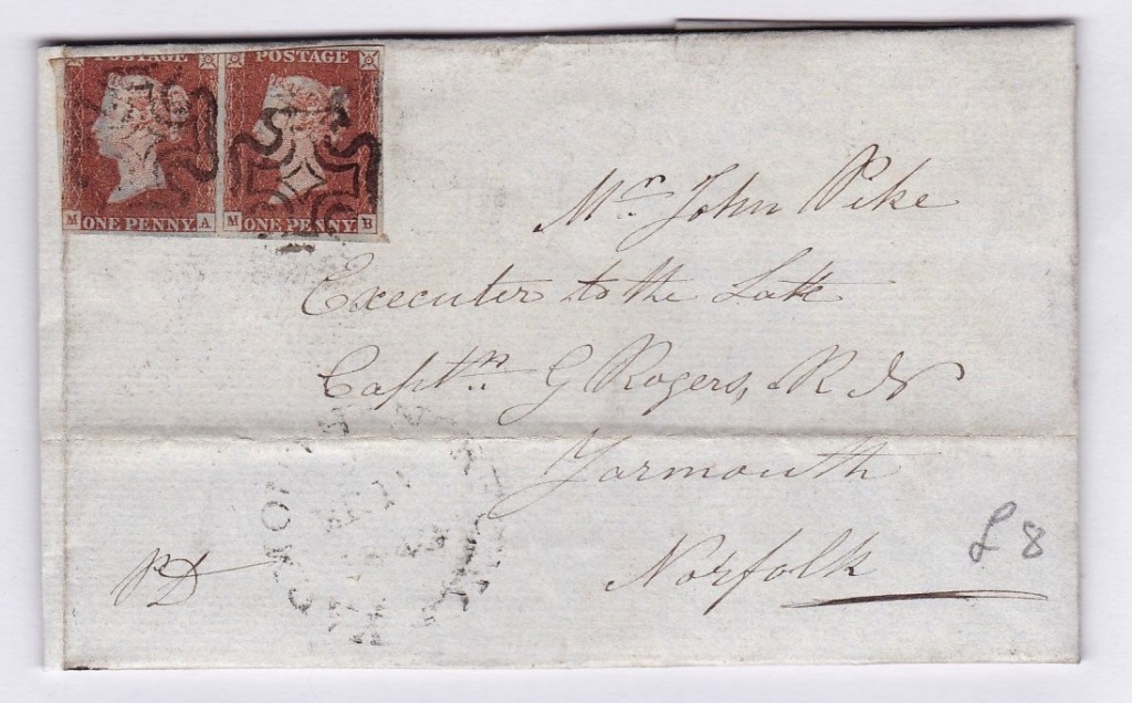 Great Britain 1843-Wrapper to Great Yarmouth (Ex of the late Corp G.Rogers RN) with pair 1d reds,