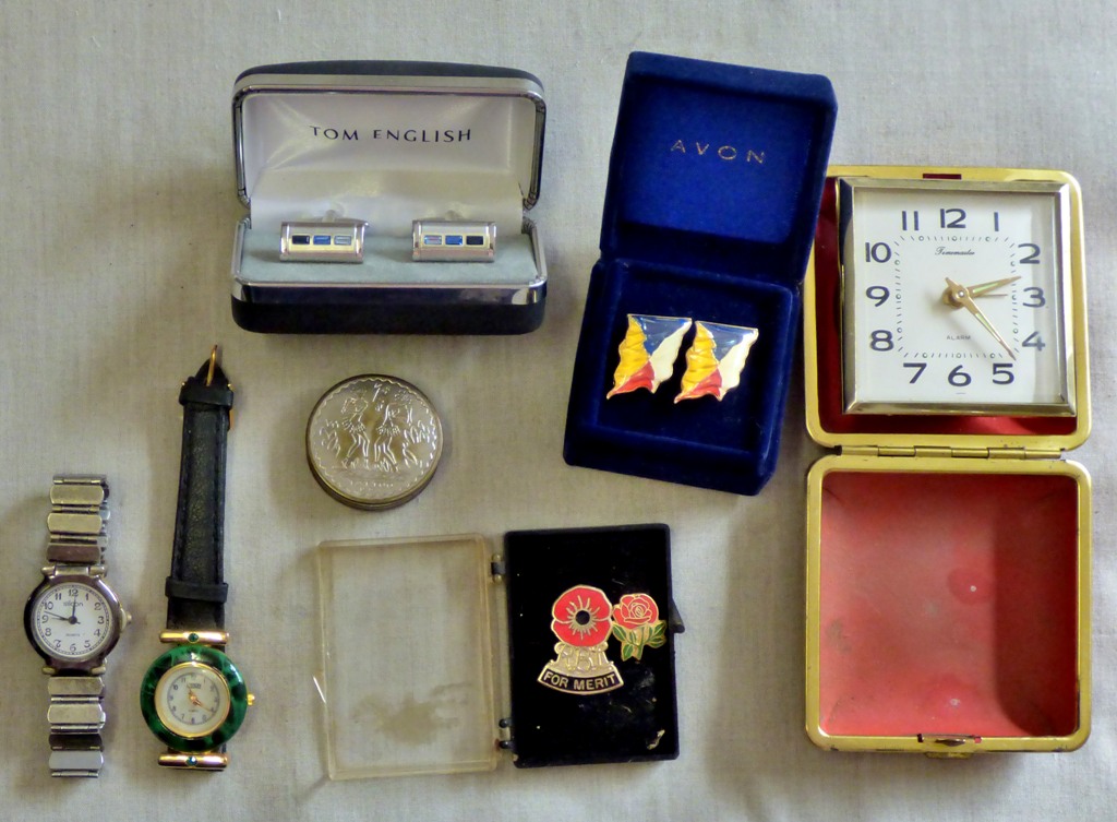 Travel Alarm Clock-Made by Time master-not working, also (2) ladies watches, pair of cuff links etc