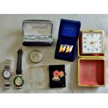 Travel Alarm Clock-Made by Time master-not working, also (2) ladies watches, pair of cuff links etc