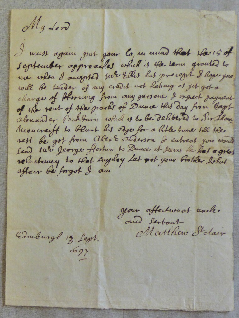 Great Britain Postal History-Scotland 1697 letter, Edinburgh to 'My Lord St Clair' from Matthew St