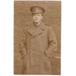 Royal Navy WWI-Portrait postcard, greatcoat with a sad looking officer, photo Free Prem, Spalding