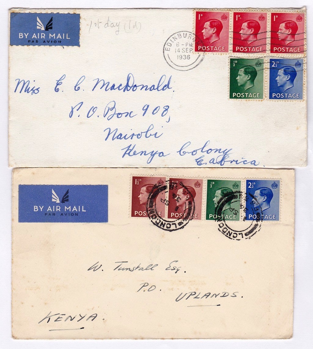 Great Britain 1936(1 Sept) and 14 Sept, first day cover to Kenya