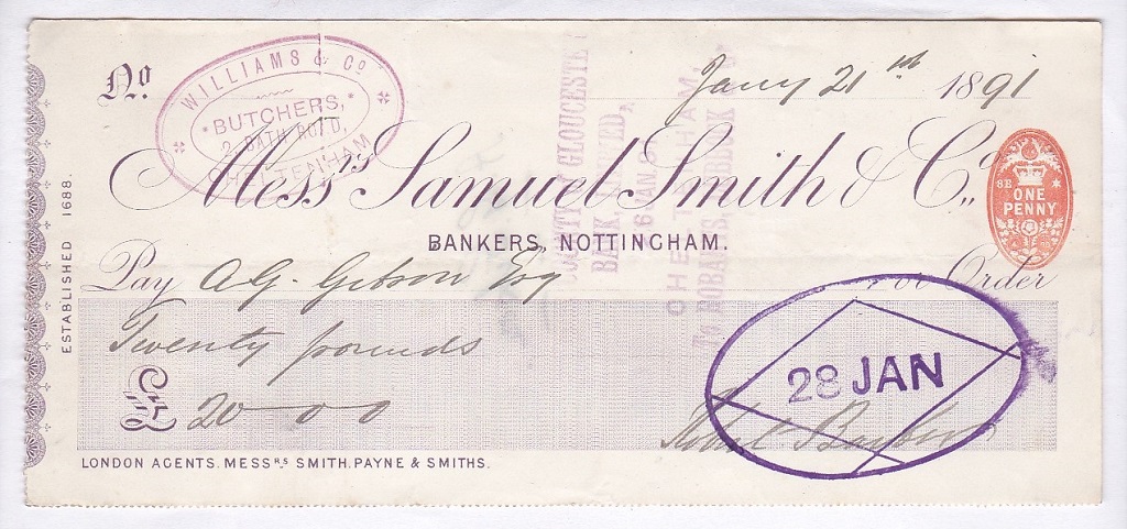 Samuel Smith & Co, Cheque 1891, Nottingham