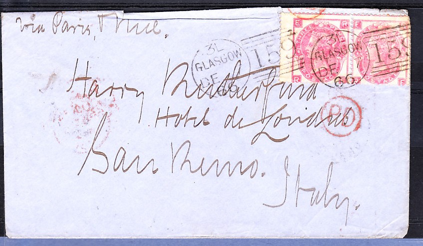 GB PH 1866 env Glasgow - Italy, SG92 pair with fine 7/11/66 Glasgow 159, cat £350 + on cover -