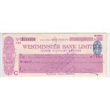 Westminster Bank-cheque, North Finchley 1958