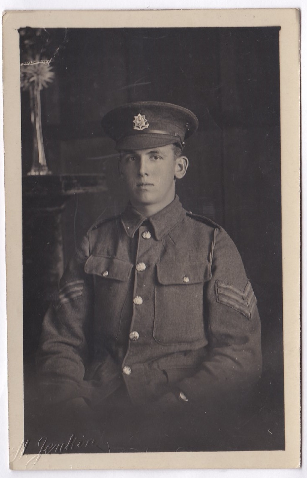 Cheshire Regiment WWI Fine Sergeants Portrait RP card, dated 4 Aug, 1916, to Mr W.M. Wheelton from