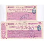 Westminster Bank (2) cheques-North Finchley 1939-1944