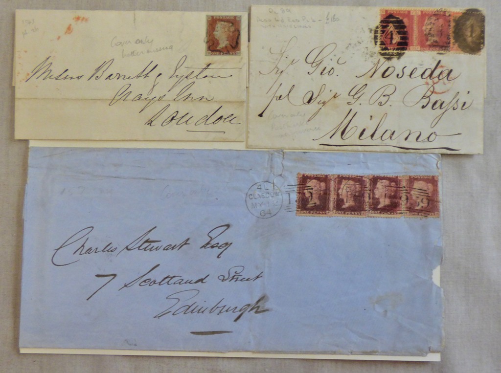 Great Britain Postal History-Penny reds (3) with 1841 tied by black HX another 1864 with-snip of for