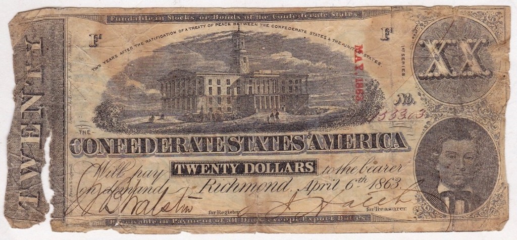 1863 Twenty Dollars, Richmond State Capital at Nashville, T58, VG