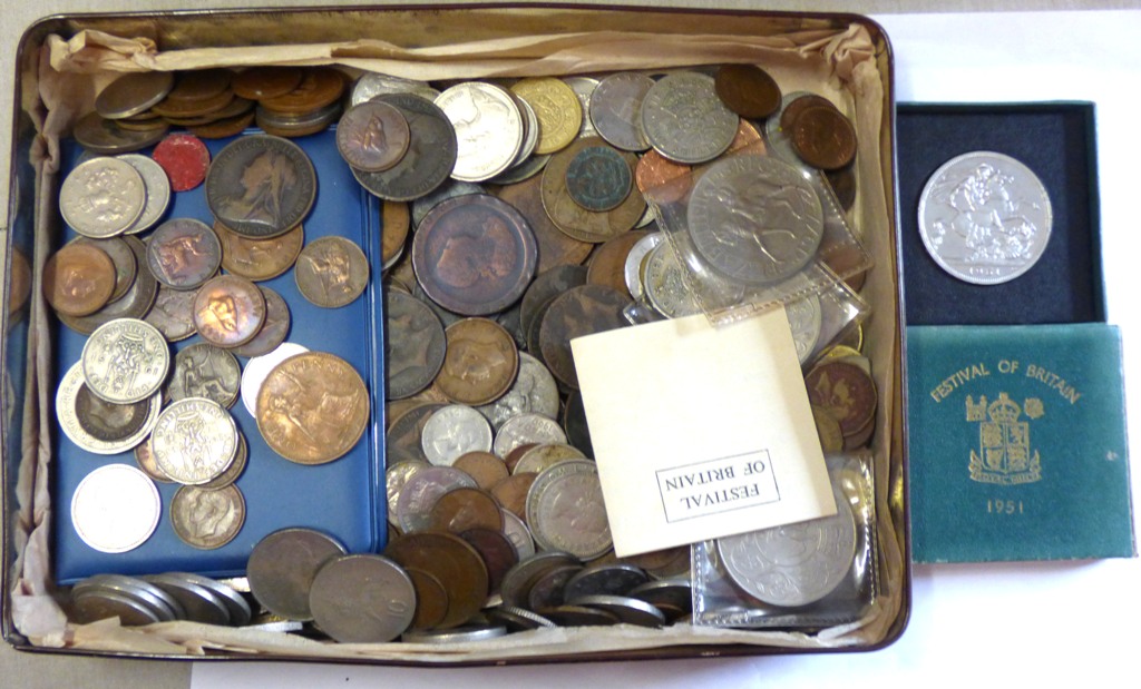 Mixed charity lot in a tin-1951 crowns, foreign etc(100's)