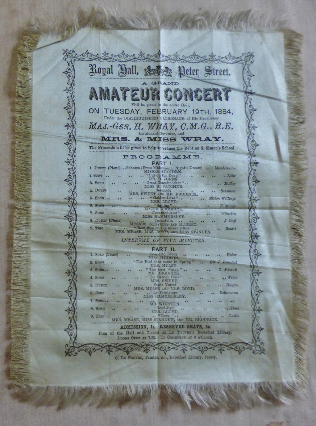 Jersey 1884 February 19th Silk Programme for A Grand Amateur Concert at The Royal Hall Peter Street;