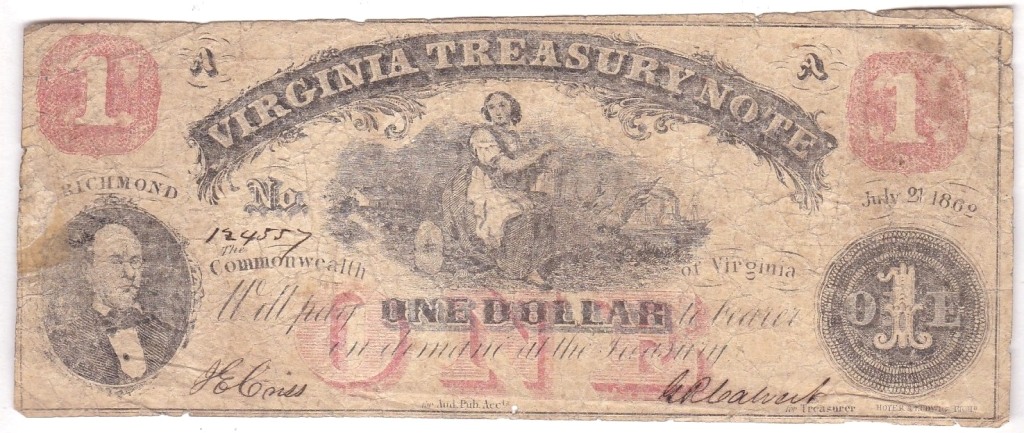 Virginia State Treasury Note 1862 One Dollar, Governer Letcher at left, seated Ceres at centre.