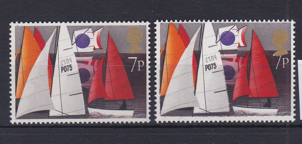 Great Britain Errors and Varieties 1975 Sailing Error Golf Head Misprint - low and matching 7p
