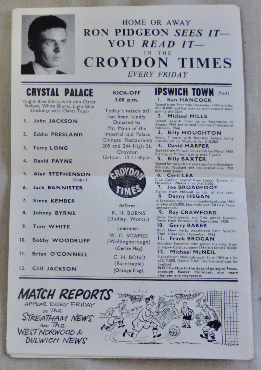 Crystal Palace football Programme 1967 v Ipswich Town