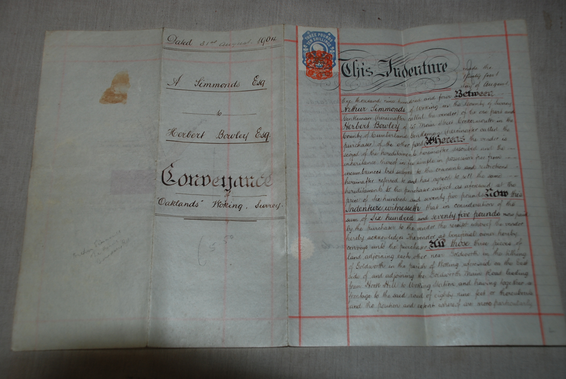 Surrey Woking "Oaklands" vellum conveyance document 31st August 1904 A Simmonds to Herbert Bowley