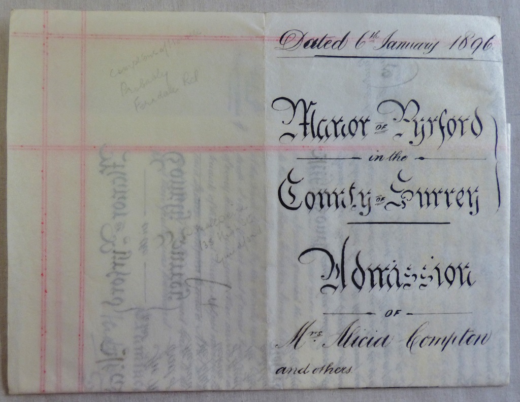 Surrey Manor of Pyrford 1896 6th January Admission of Mrs Alicia Compton vellum document special - Image 5 of 10