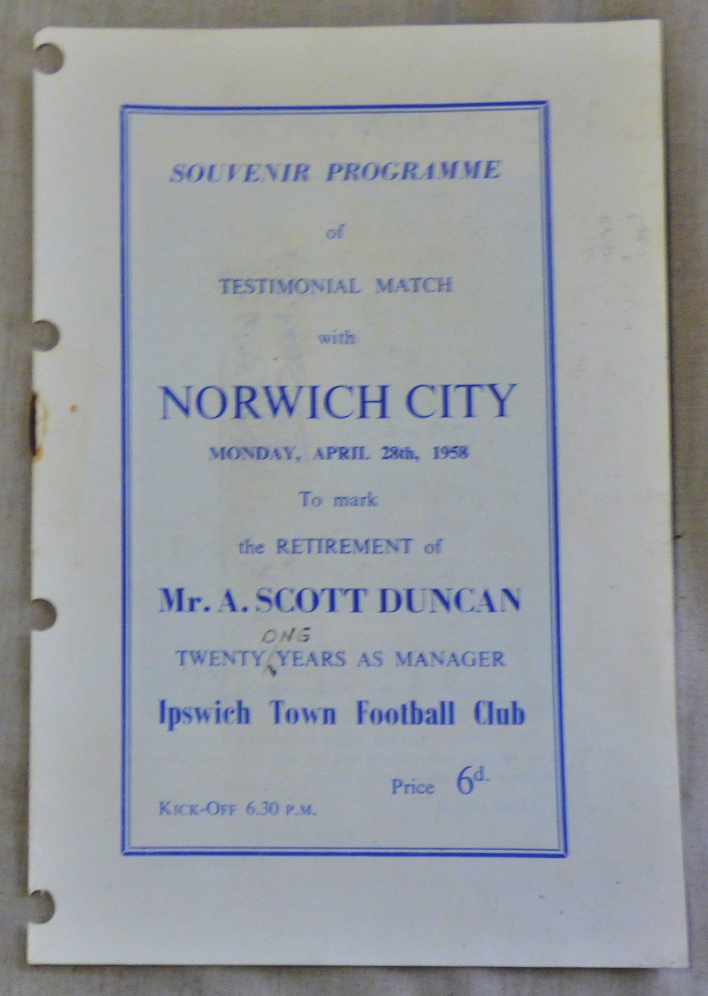 Norwich City Testimonial Match 1958 on the retirement of Mr A Scott Duncan as manager of Ipswich