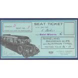 Autobus 1938 Seat Ticket Rhineland Alps and Austrian Tyrol Motor Tour by Autobus Company Cologne