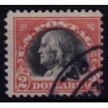 USA 1918 Franklin 2 Dollars black plus vermillion, SG 526, Scott 523 fine used scarce.