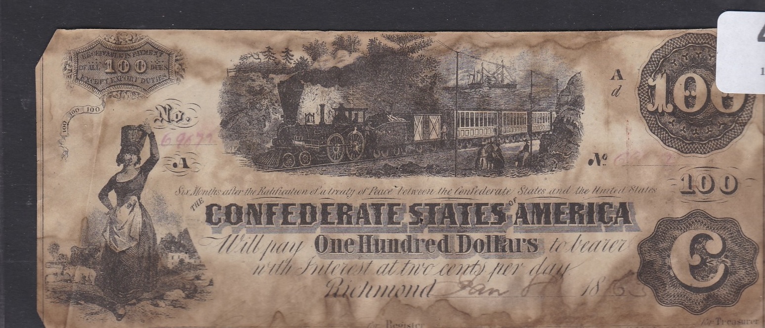 United States -100 Dollar 1863 Richmond, Steam Train, Milkmaid at left, AVF, water stained, T39 Ad
