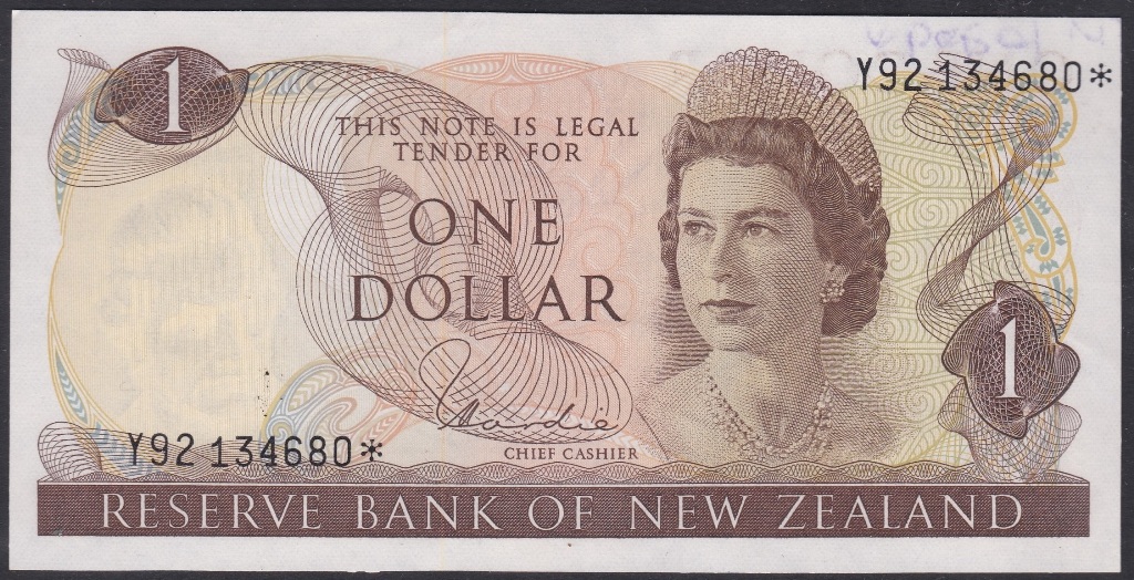 New Zealand-Reserve Bank 1981-85, One Dollar, Y92 134680 Brown, Hardie, Chief Cashier signature, - Image 2 of 3