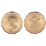 Great Britain 1941-Three Pence Brass, uncirculated