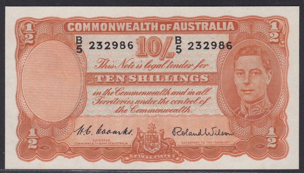 Australia-Commonwealth Bank 1952, Ten Shillings, B5.232986, Coombs-Wilson signatures, P25d, R15, - Image 2 of 3