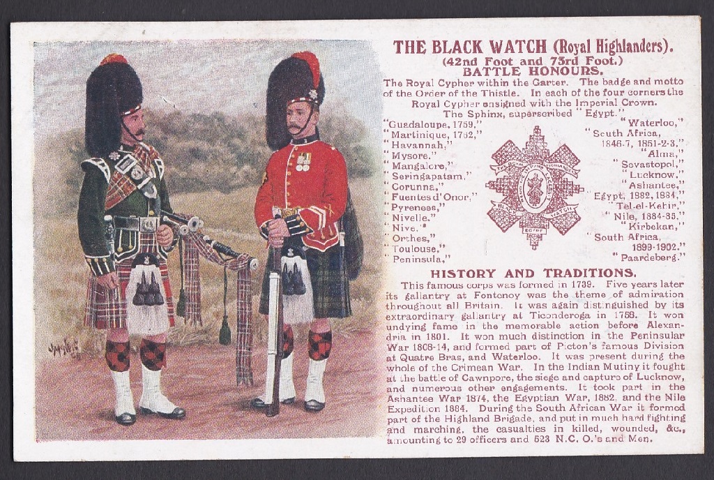 The Black Watch - Pipers fine colour postcard by Gale & Polden, Battle Honours, History and