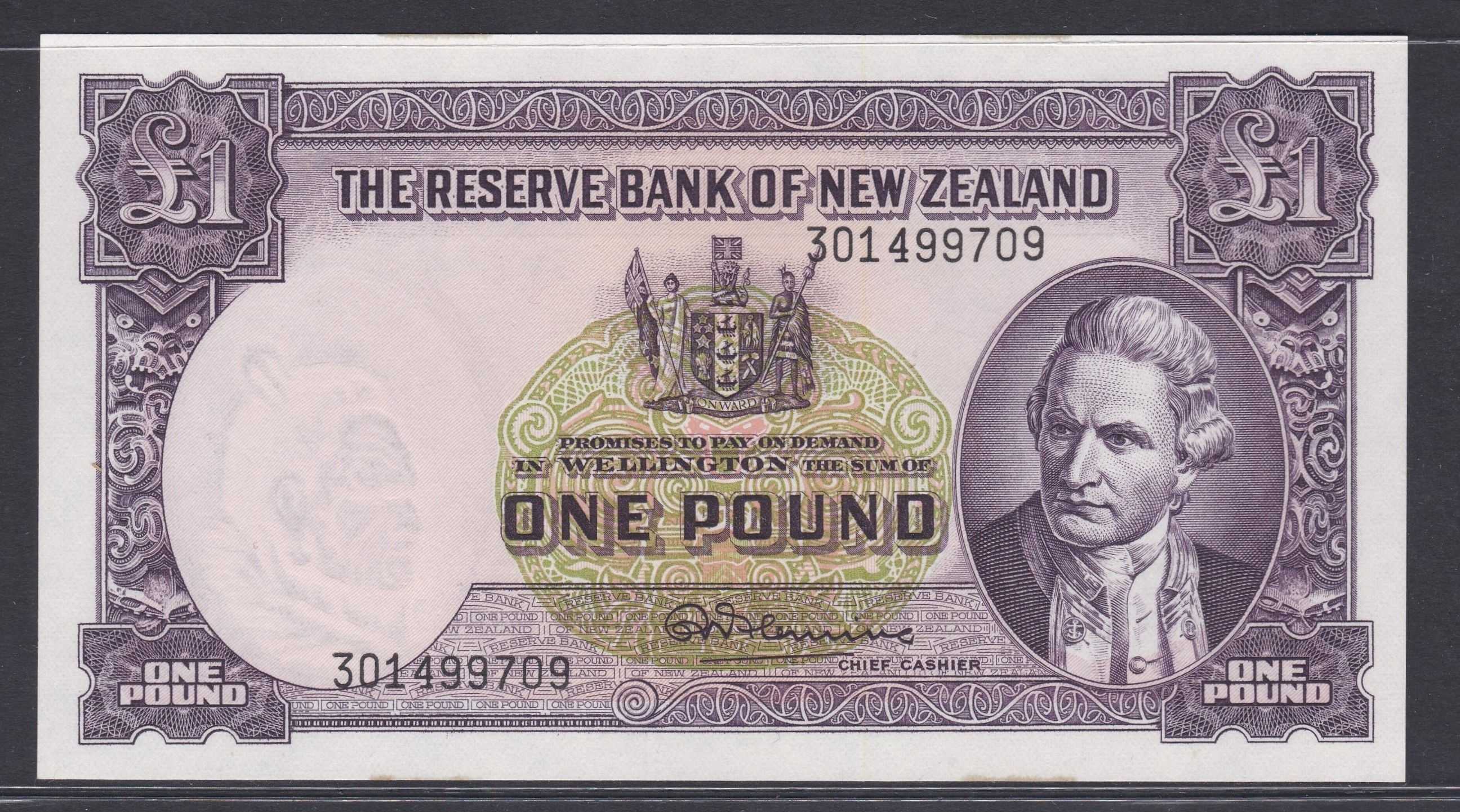 New Zealand-Reserve Bank 1956-67(ND) One Pound, 301499709 Purple, Captain Cook at Right, Fleming - Image 2 of 3