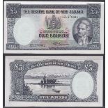 New Zealand-Reserve Bank 1956-767, Five Pounds, 12L970441 Blue, Captain Cook at Right, Fleming