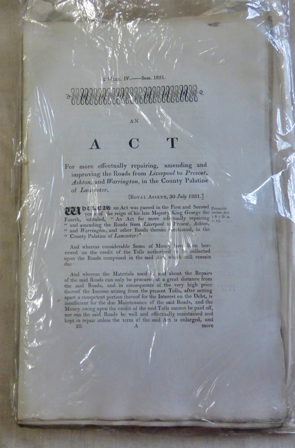 Lancashire Act of Parliament 1831 improving roads from Liverpool to Prescott Ashton & Warrington