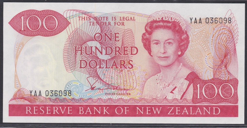 New Zealand-Reserve Bank 1981-85, One Hundred Dollars, YAA 036098 red, Hardie Chief Cashier - Image 3 of 3