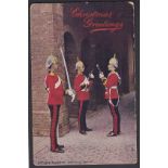 2nd Life Guards WWI Relieving of the Guard, Christmas Greetings Postcard. Back a little grubby.