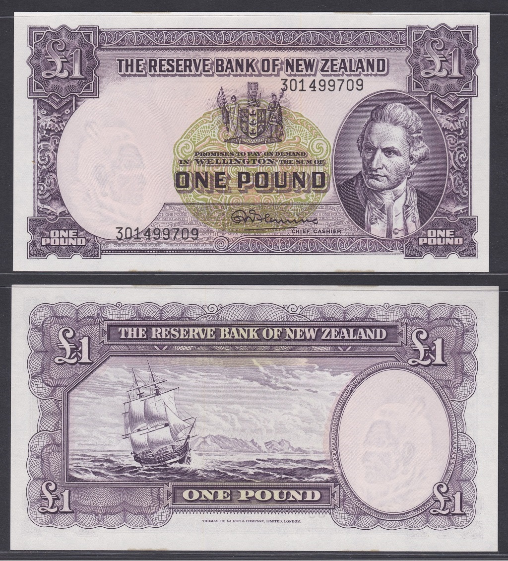 New Zealand-Reserve Bank 1956-67(ND) One Pound, 301499709 Purple, Captain Cook at Right, Fleming