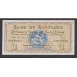 Bank of Scotland 1961 One Pound VF; 1988 Five Pounds (2) AUNC, 1990 Five Pounds AUNC, 1974 Ten