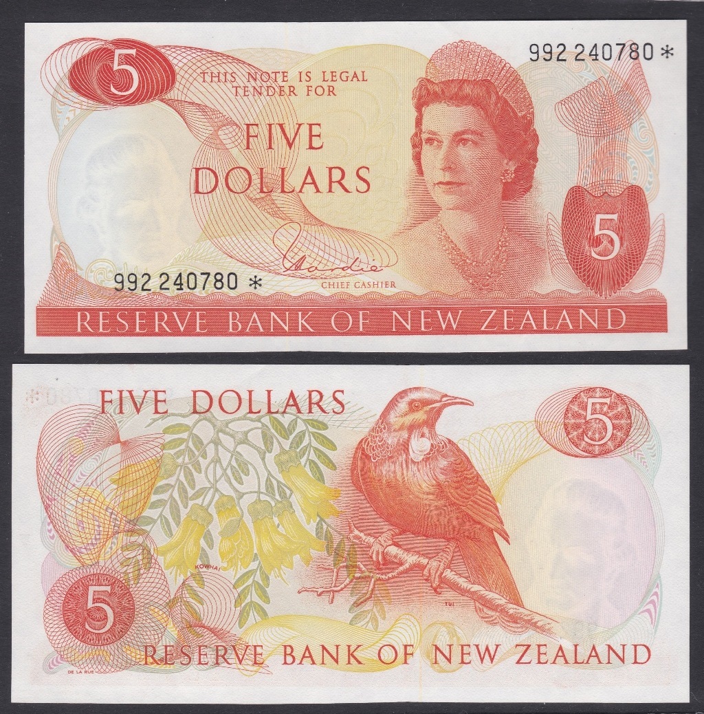 New Zealand-Reserve Bank 1975-7, Five Dollars 992 240780 Orange, Hardie Chief Cashier signature,