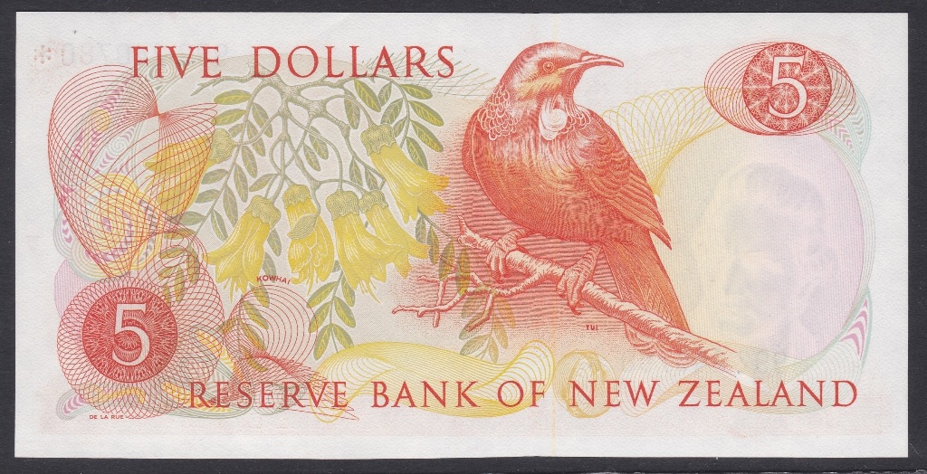 New Zealand-Reserve Bank 1975-7, Five Dollars 992 240780 Orange, Hardie Chief Cashier signature, - Image 3 of 3