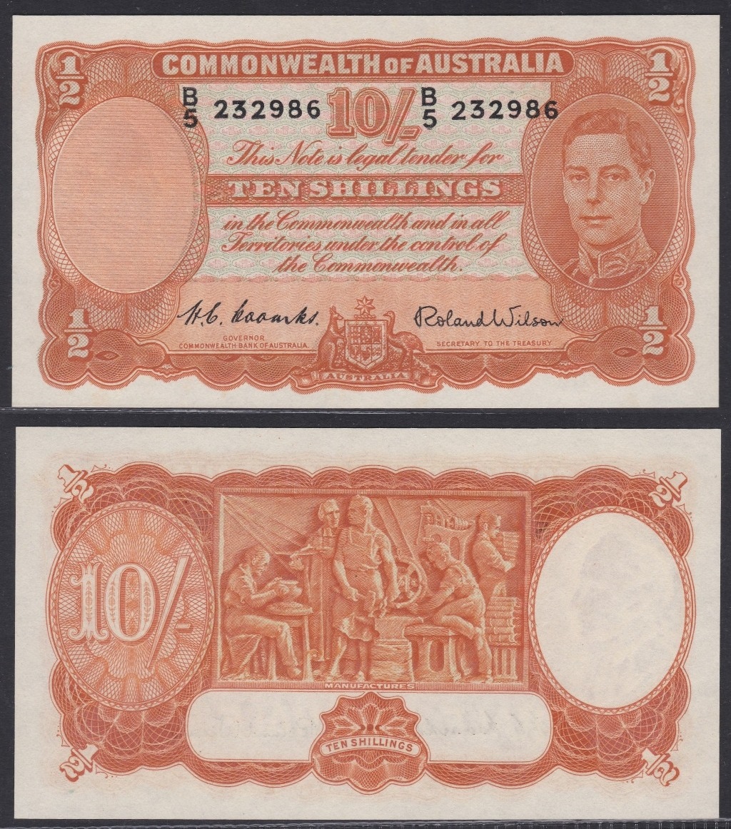 Australia-Commonwealth Bank 1952, Ten Shillings, B5.232986, Coombs-Wilson signatures, P25d, R15,