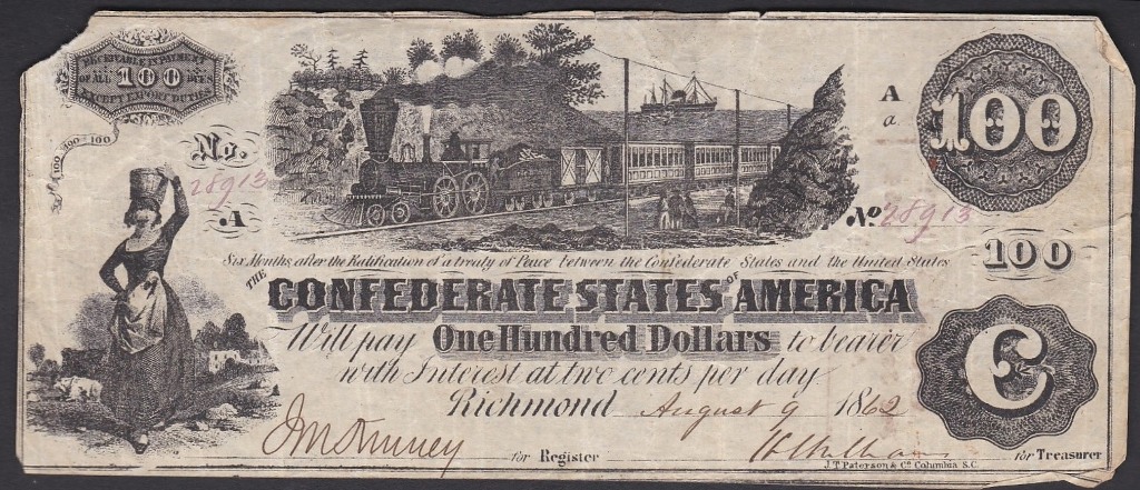 United States(Confederate) 1862 Richmond 100 Dollars, Steam Train, Milkmaid at left, VF, small