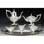 FIVE PIECE STERLING SILVER TEA AND COFFEE SERVICE BY GORHAM IN THE PLYMOUTH PATTERN.