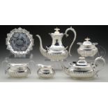 FIVE PIECE ENGLISH STERLING TEA SET WITH SMALL STERLING SALVER.