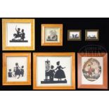 SIX FRAMED SILHOUETTES OF CHILDREN TOGETHER WITH A FRAMED PRINT OF A SHEPHERDESS AND PIPER.