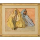 FRANCISCO ZUNIGA (Mexican, 1912-1998) TWO WOMEN HUDDLED UNDER BLUE & YELLOW SHAWLS.