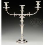 THREE LIGHT SHEFFIELD STYLE SILVER PLATE CANDELABRA.