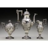 OUTSTANDING THREE PIECE STERLING SCENIC DECORATED TEA SET BY S. KIRK & SON.