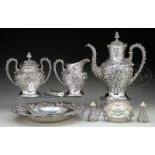 FINE NINE PIECE LOT OF STERLING SILVER BY S. KIRK & SON, INCLUDING THREE PIECE TEA SET.