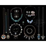 MIXED LOT OF NATIVE AMERICAN TURQUOISE AND SILVER, MEXICAN SILVER, AND COSTUME JEWELRY.