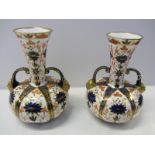 CROWN DERBY, pair of twin gilt mask handled onion shaped vases, 7.