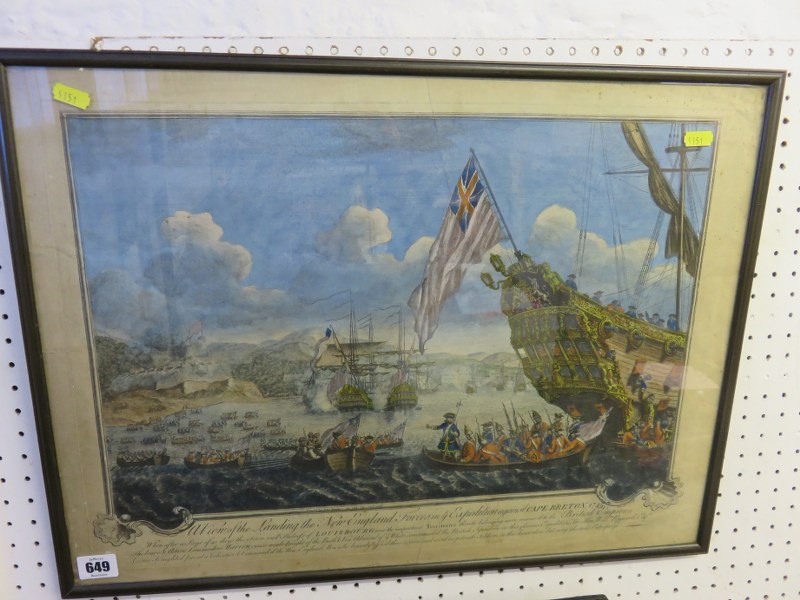 18TH CENTURY MILITARY ENGRAVING, "View of the Landing, England Forces against Cape Breton 1745",